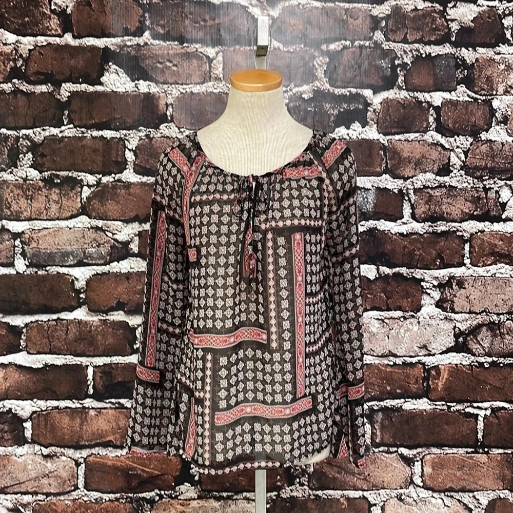 Lumiere Top Blouse Sheer Boho Shirt Peasant Black Red Size Small